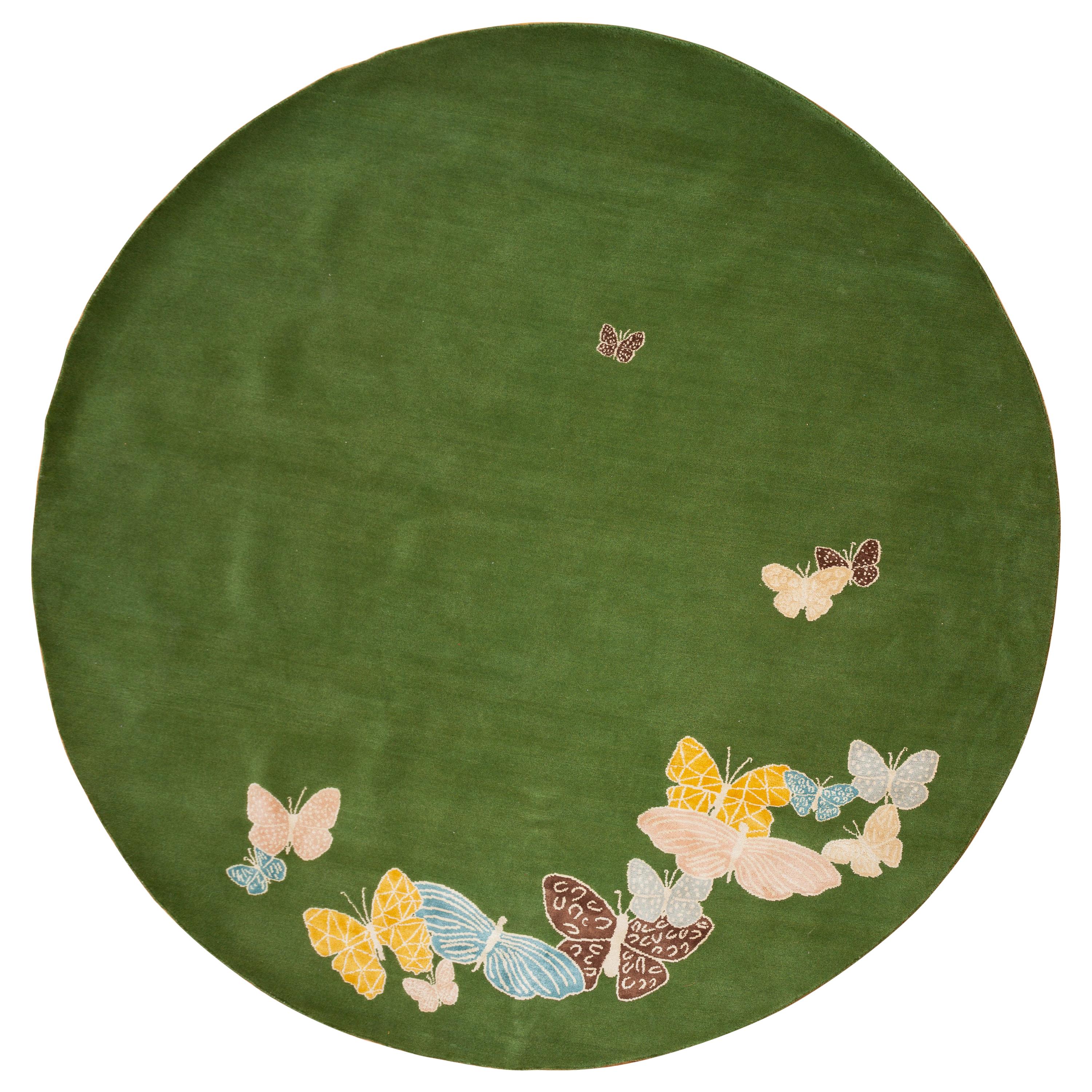 Round Butterfly Rug: Green, Blue, Pink, Orange. Wool and Silk fibers handmade