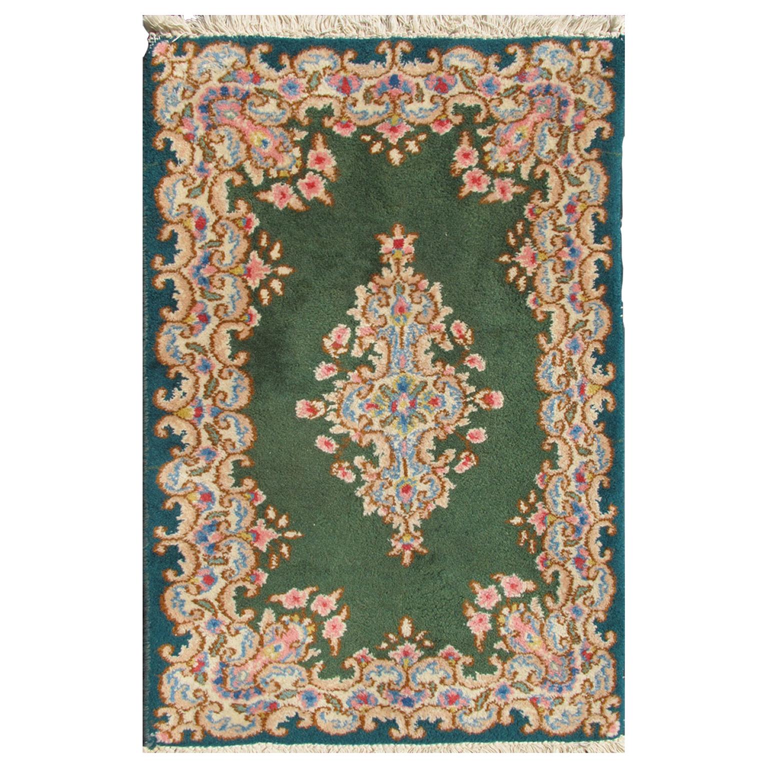 Small Green Kerman Rug with Central Medallion and Matching Floral Border