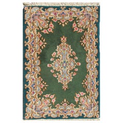Small Green Kerman Rug with Central Medallion and Matching Floral Border