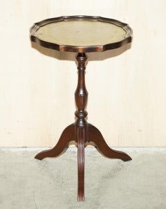 Small Green Leather with Gold Leaf Inlay Hardwood Tripod Lamp Side End Table