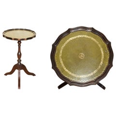 Small Green Leather with Gold Leaf Inlay Hardwood Tripod Lamp Side End Table