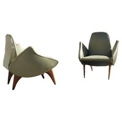 Small Green Pair Of Armchairs Mid-century Italian Design Cherry Wood Geometric