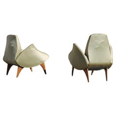 Small Green Pair Of Armchairs Mid-century Italian Design Cherry Wood Geometric