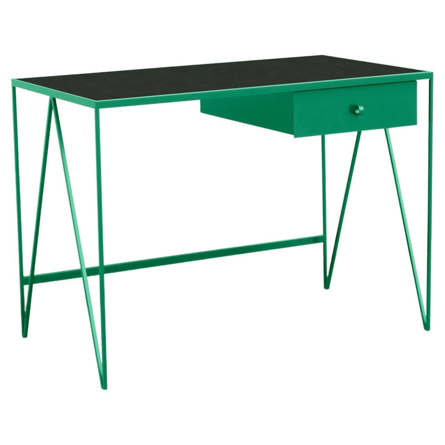 Small Green Study Desk with Natural Linoleum Table Top & Drawer, Customizable For Sale