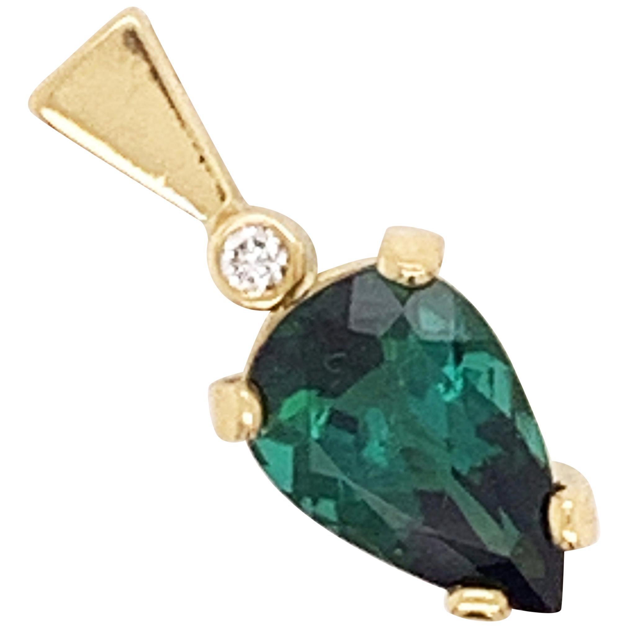 Small Green Chrome Diopside and Diamond Tear Drop Pendant 18 Karat Yellow Gold