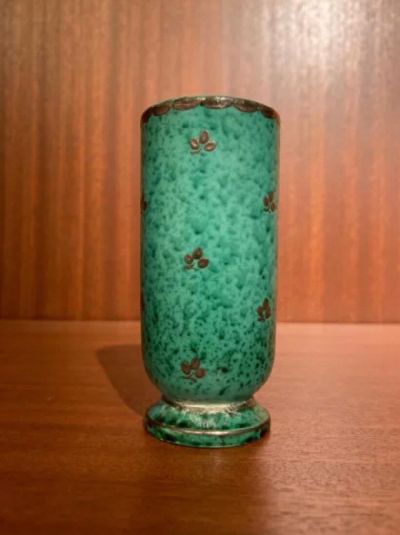 Modern Small Green Vase With Small Leaves by Wilhelm Kåge For Sale