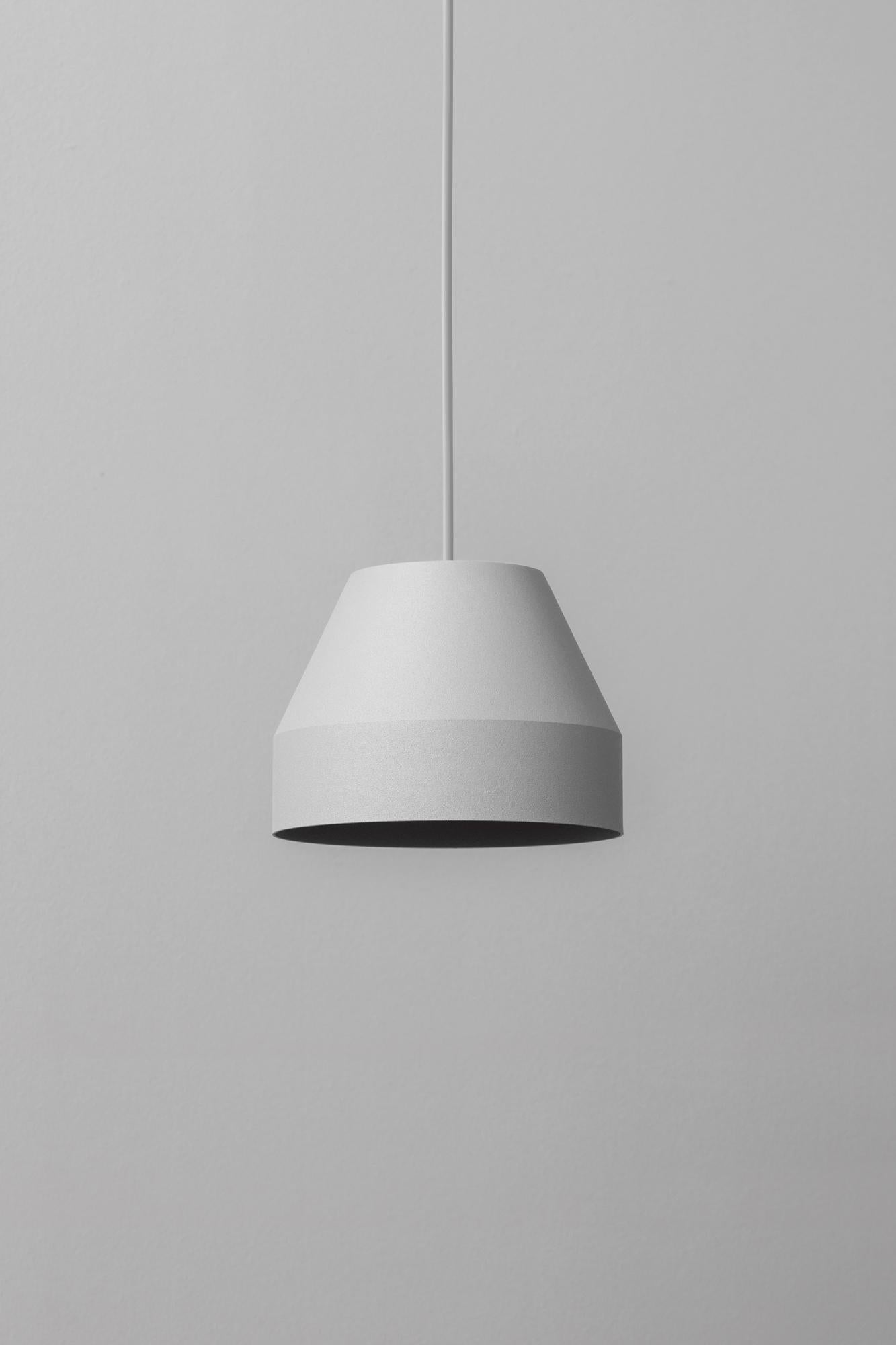Small Grey Cap Pendant Lamp by +kouple
Dimensions: Ø 16 x H 12 cm. 
Materials: Powder-coated steel.

Available in different color options. The rod length is 200 cm. Please contact us.

All our lamps can be wired according to each country. If sold to