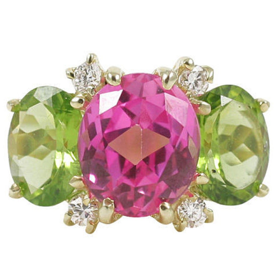 Small Gum Drop Ring with Pink Topaz and Peridot and Diamonds For Sale 10