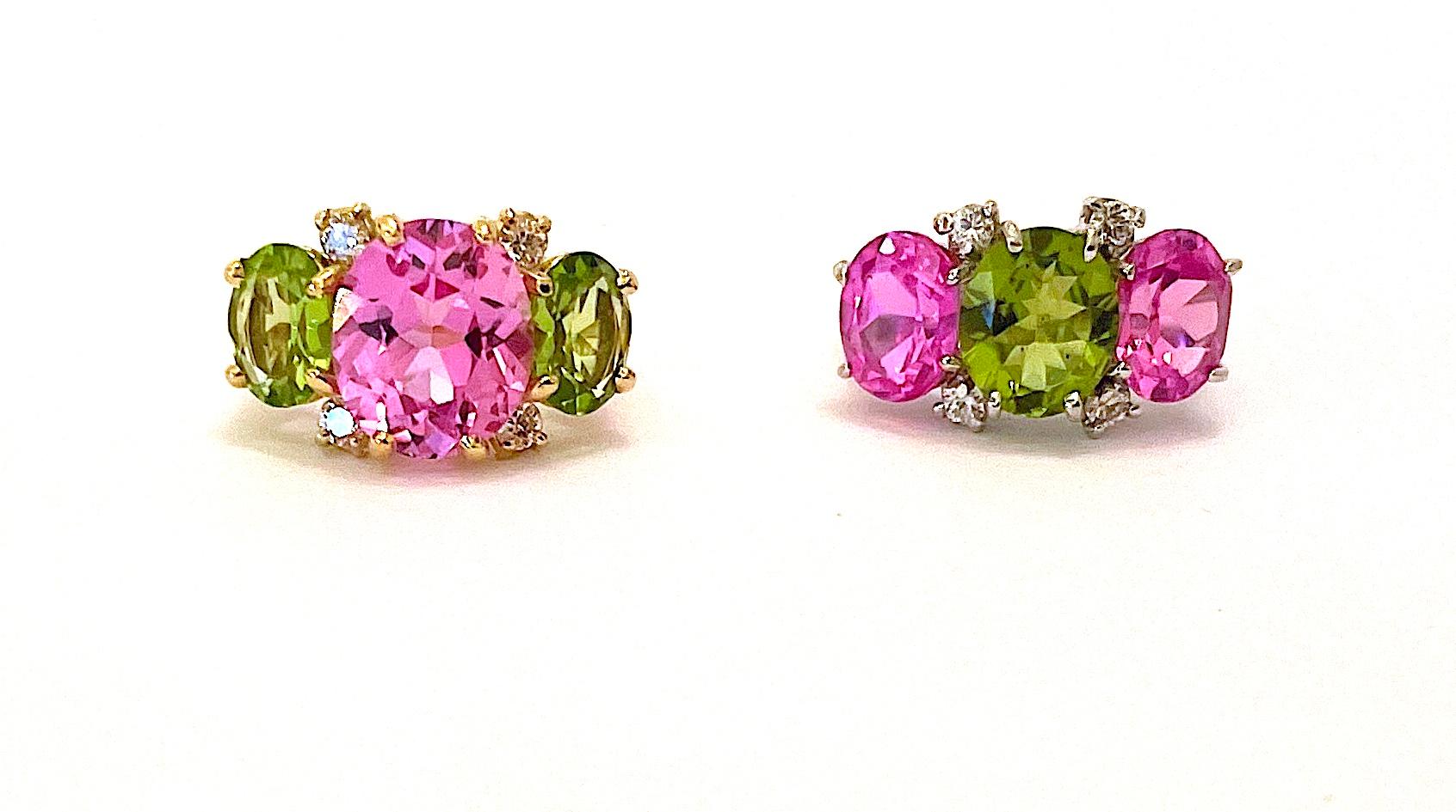 Contemporary Small Gum Drop Ring with Pink Topaz and Peridot and Diamonds For Sale