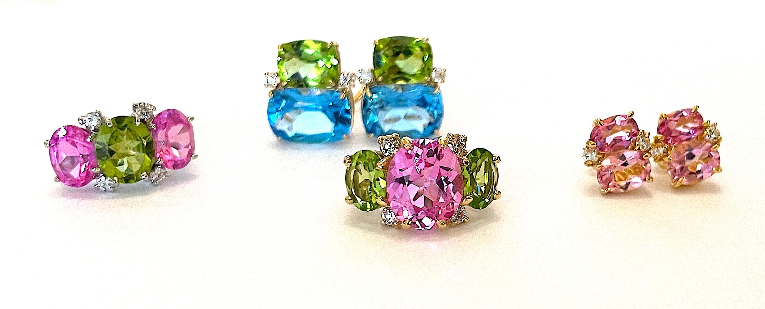 Oval Cut Small Gum Drop Ring with Pink Topaz and Peridot and Diamonds For Sale