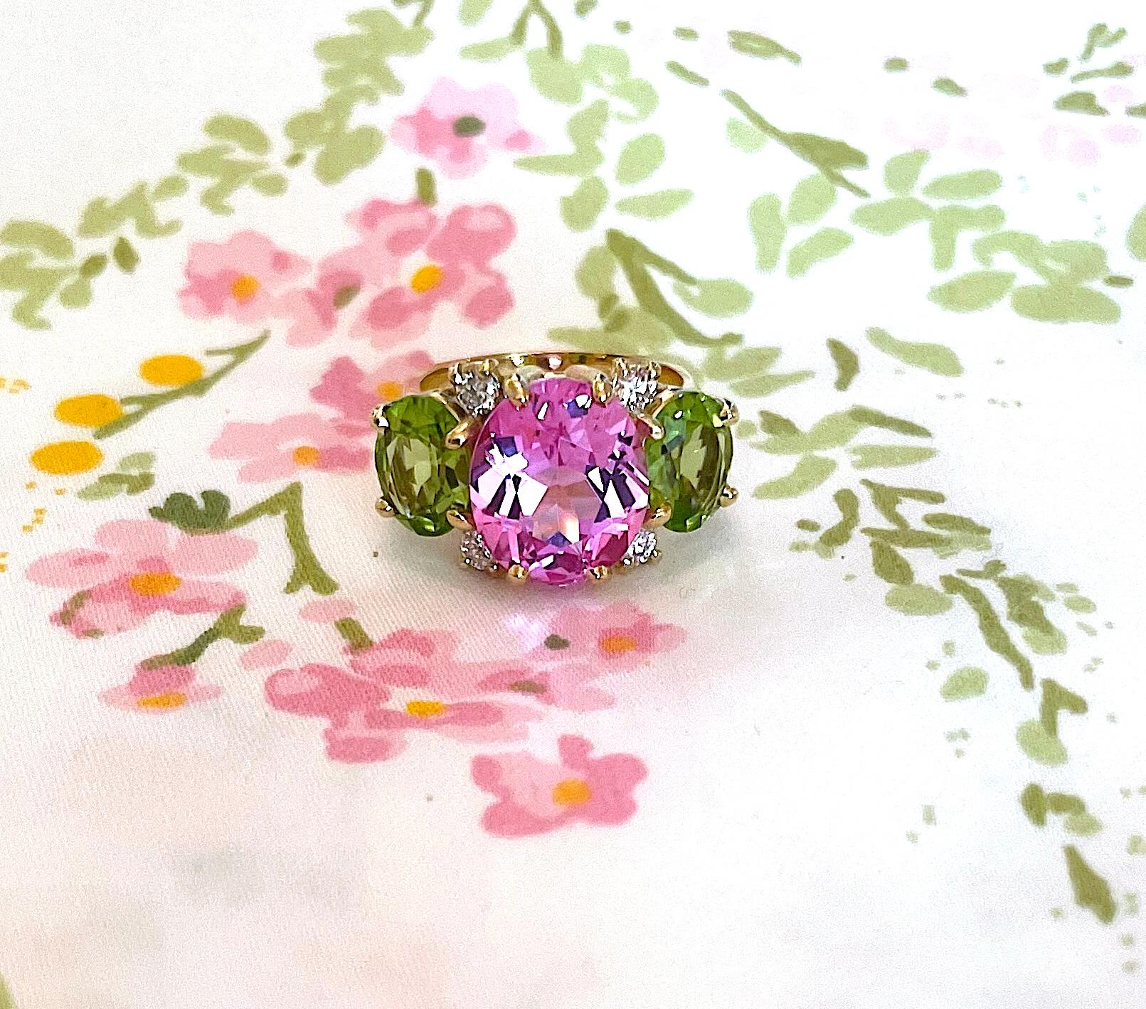 Small Gum Drop Ring with Pink Topaz and Peridot and Diamonds In New Condition For Sale In New York, NY