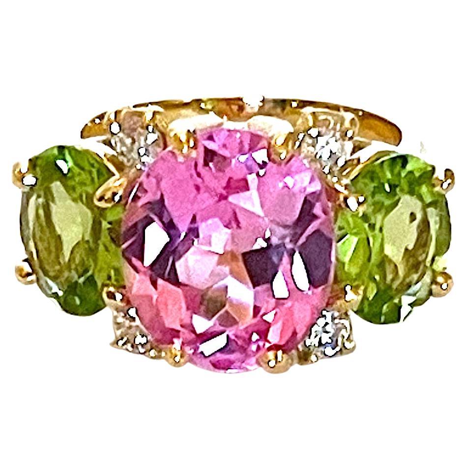 Small Gum Drop Ring with Pink Topaz and Peridot and Diamonds For Sale