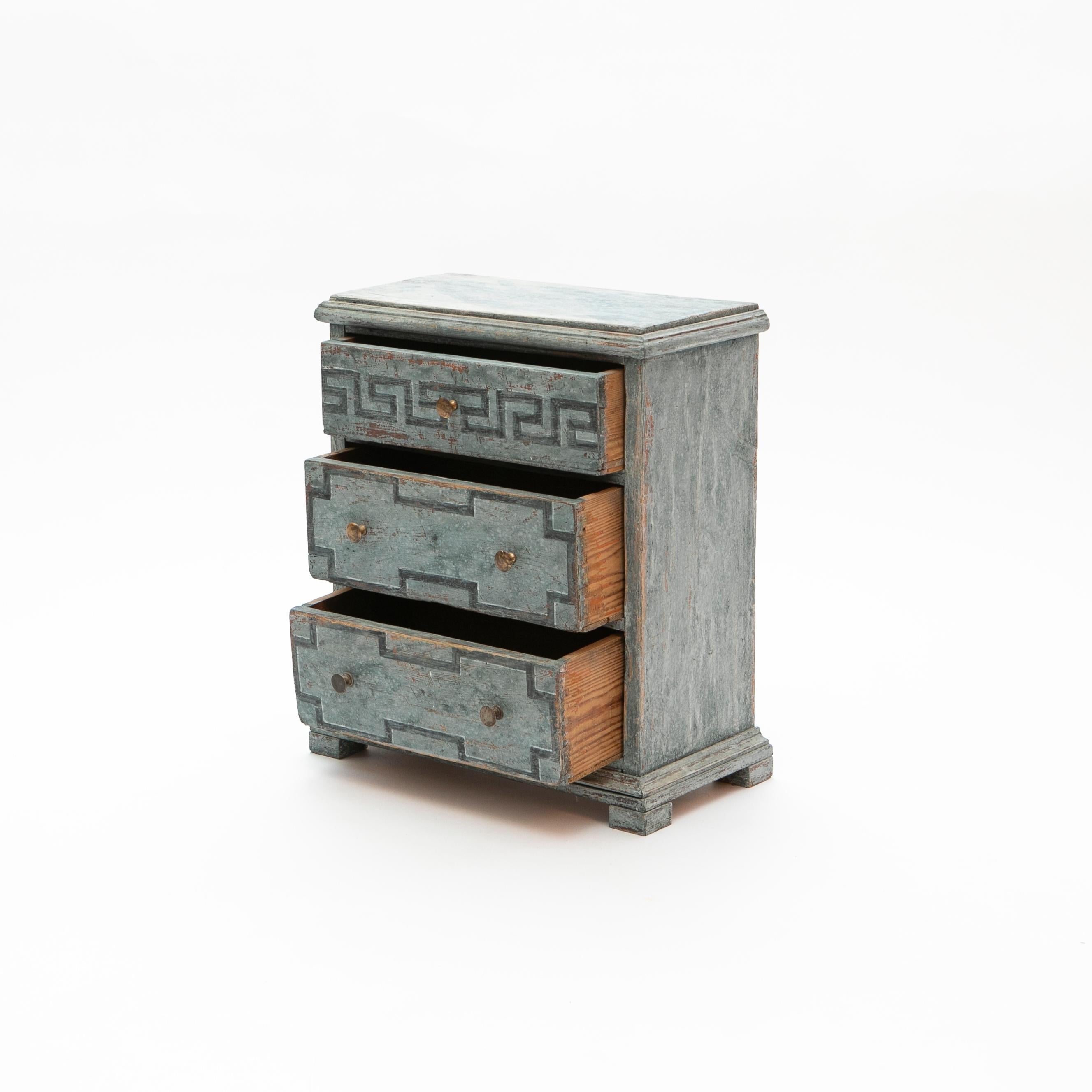 Hand-Painted Small Gustavian Chest Drawers Painted Blue For Sale