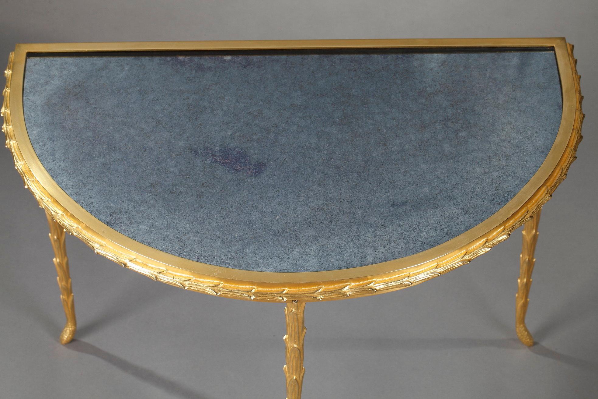 Small Half Moon Table with Aged Mirror Top in Bronze, Maison Baguès For Sale 1