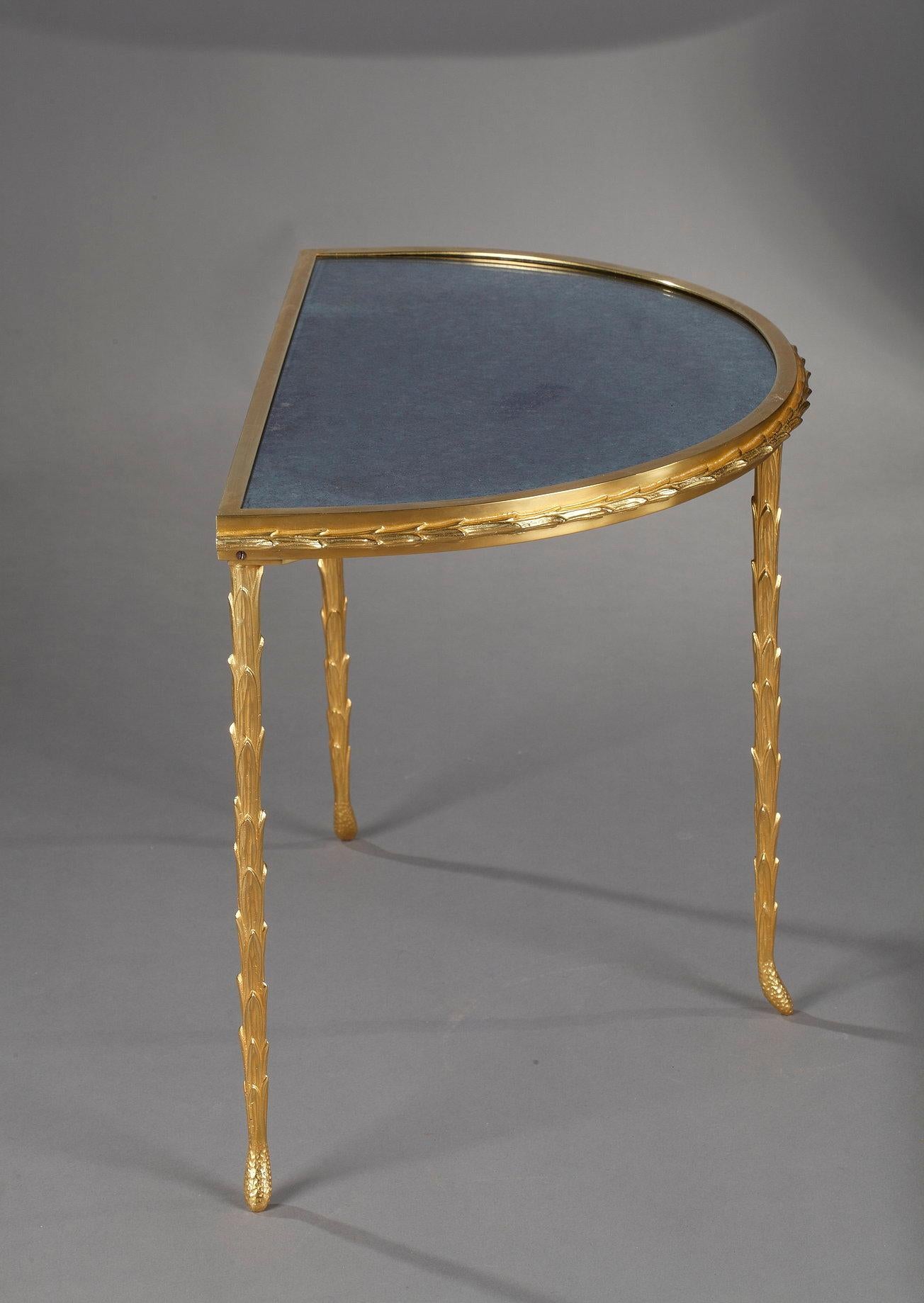 French Small Half Moon Table with Aged Mirror Top in Bronze, Maison Baguès For Sale