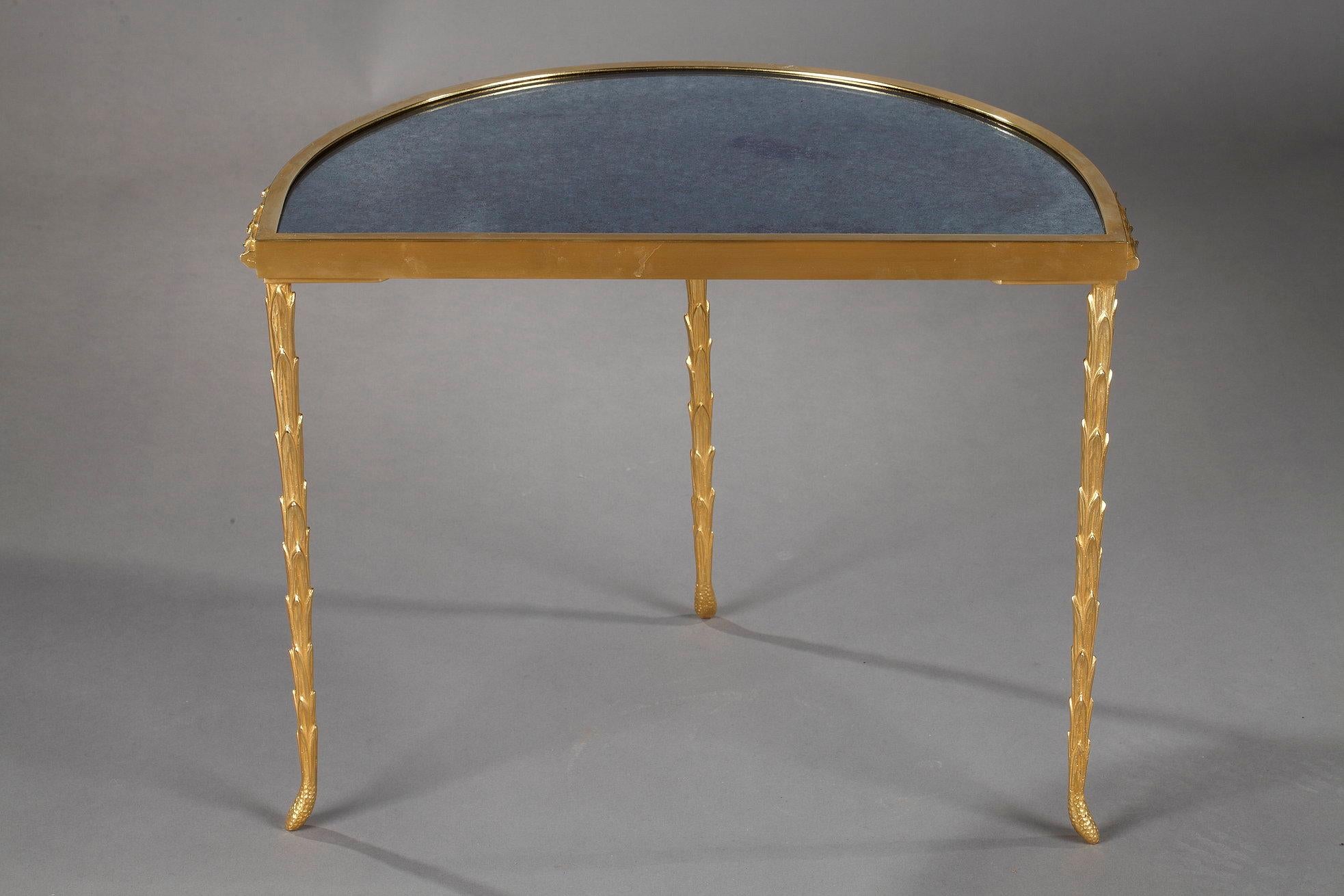 Gilt Small Half Moon Table with Aged Mirror Top in Bronze, Maison Baguès For Sale