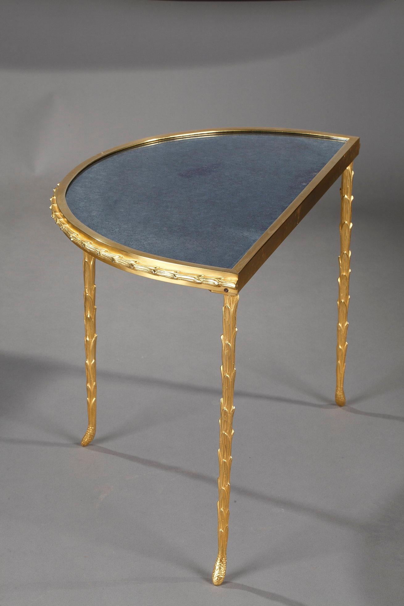Mid-20th Century Small Half Moon Table with Aged Mirror Top in Bronze, Maison Baguès For Sale