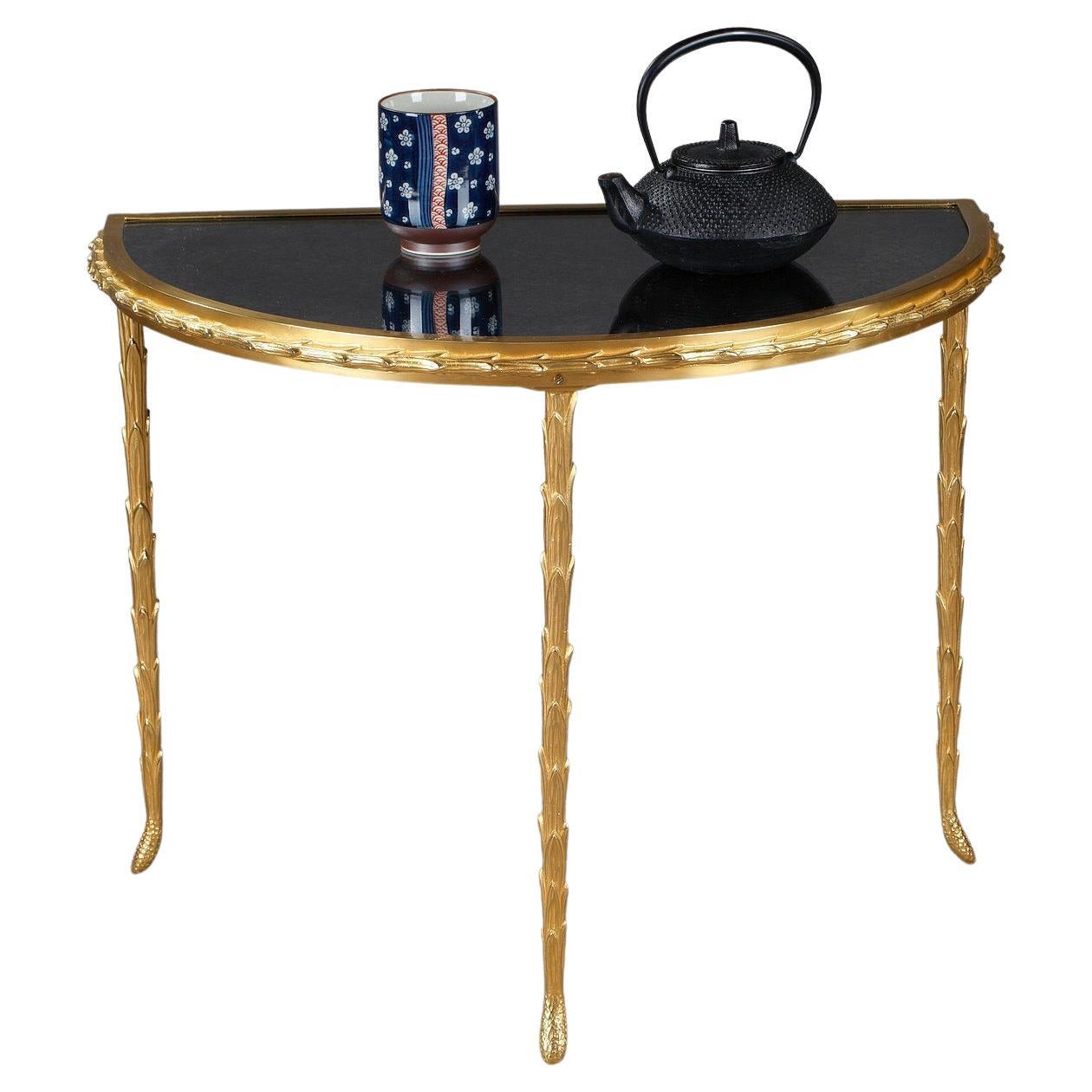 Petite table demi-lune avec plateau en miroir vieilli en bronze, Maison Baguès en vente