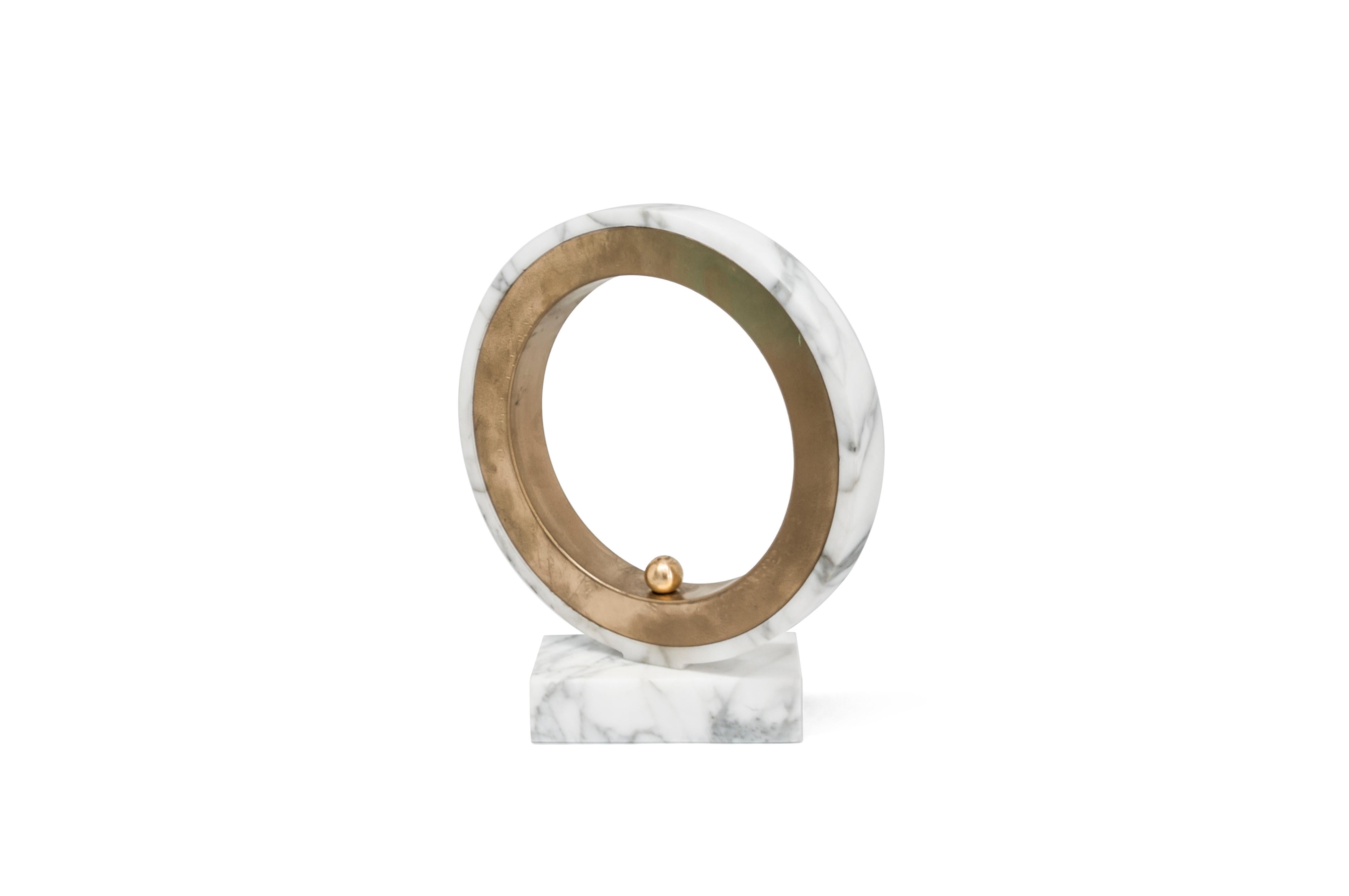 Contemporary Handmade Small Halo Lamp in White Carrara Marble and Brass For Sale