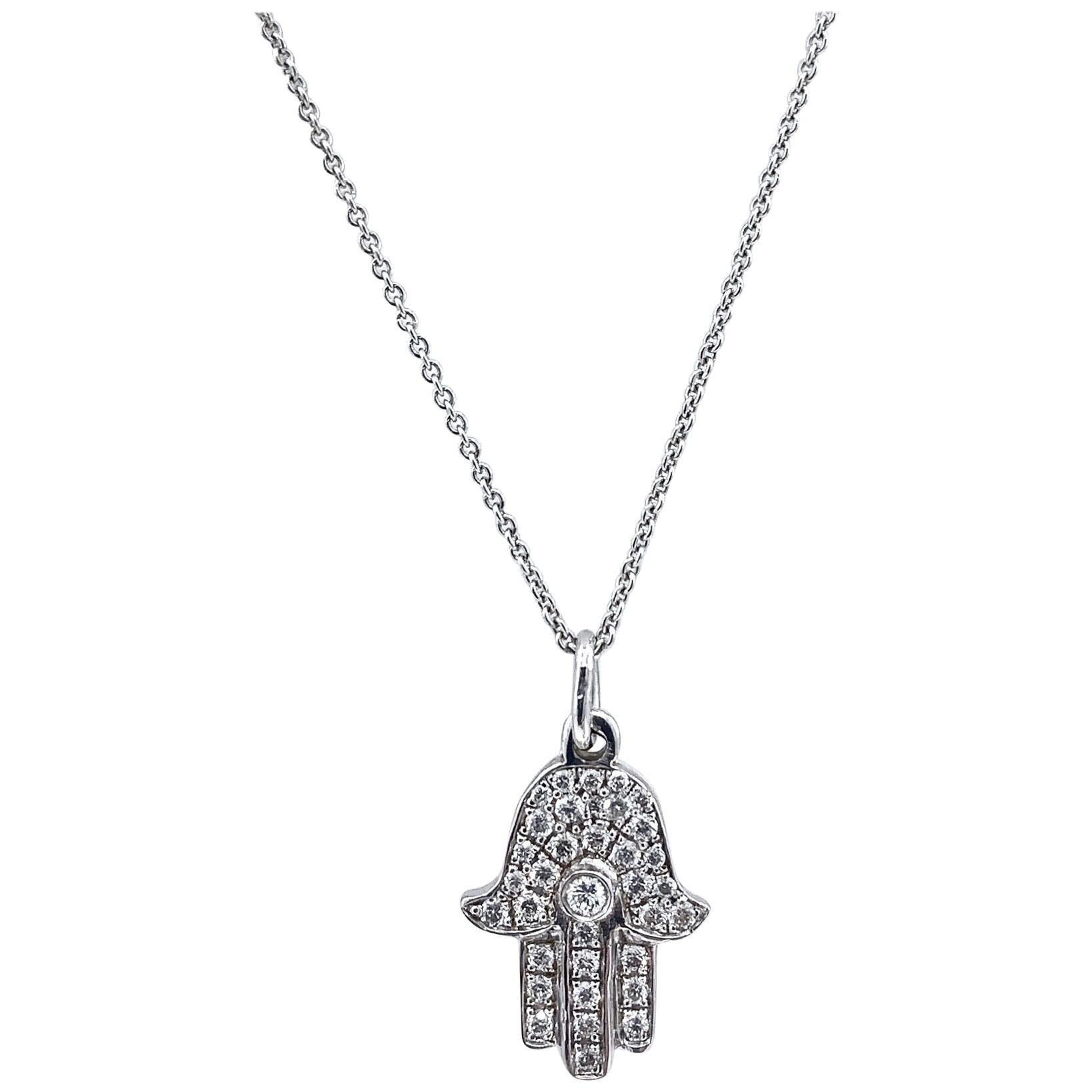 Small Hamsa Pendant Necklace in White Gold with 0.19 Carat Diamonds For Sale
