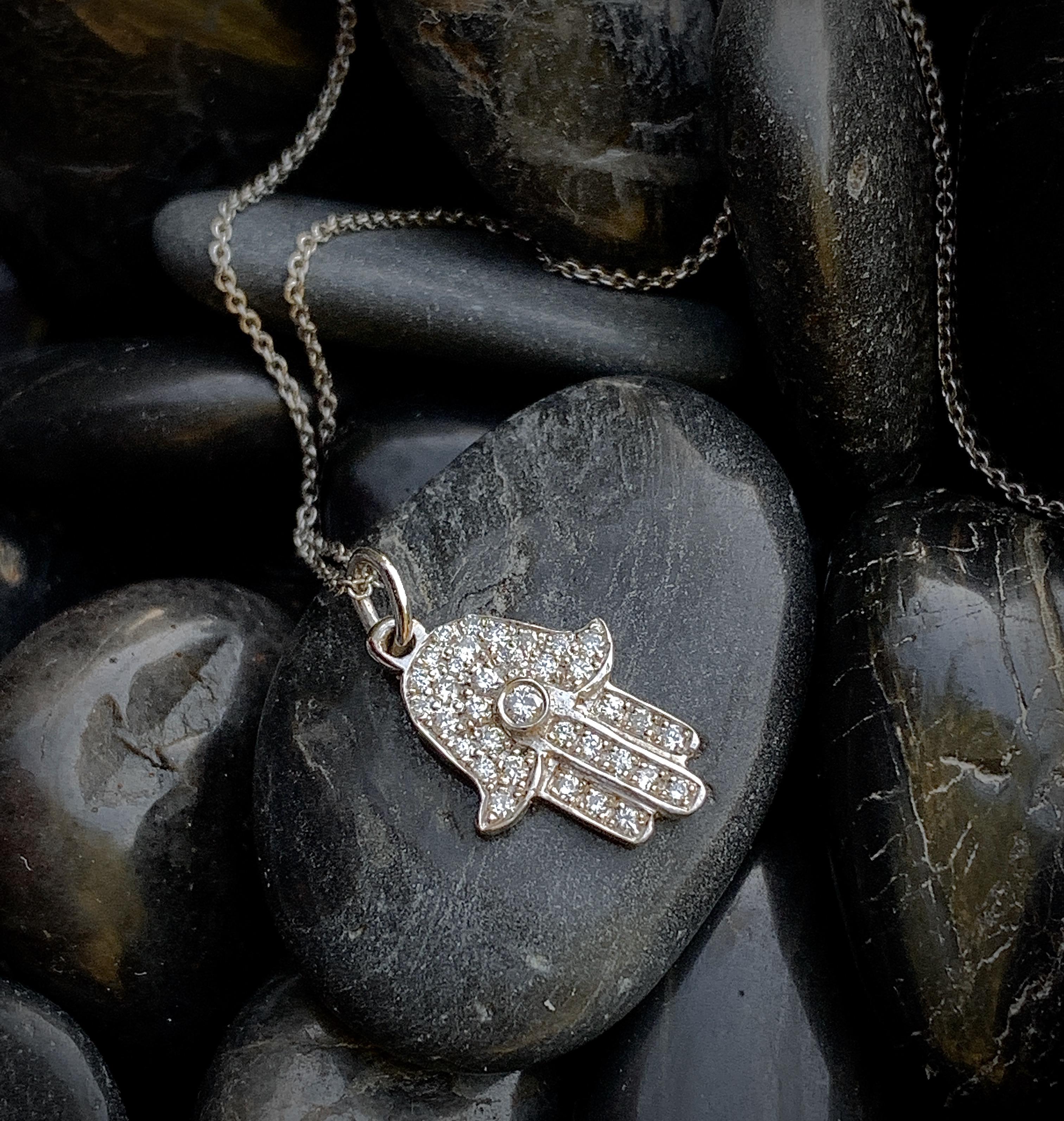 Brilliant Cut Small Hamsa Pendant Necklace in White Gold with 0.19 Carat Diamonds For Sale