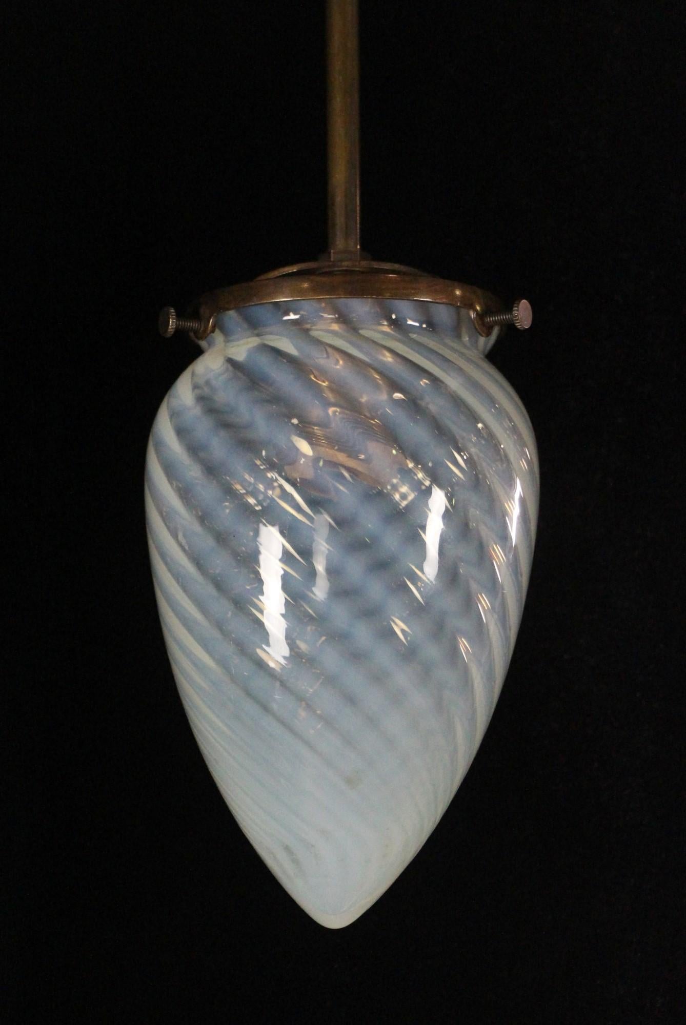 American Small Hand Blown Swirled Glass Cone Pendant Light Antique Brass Finish