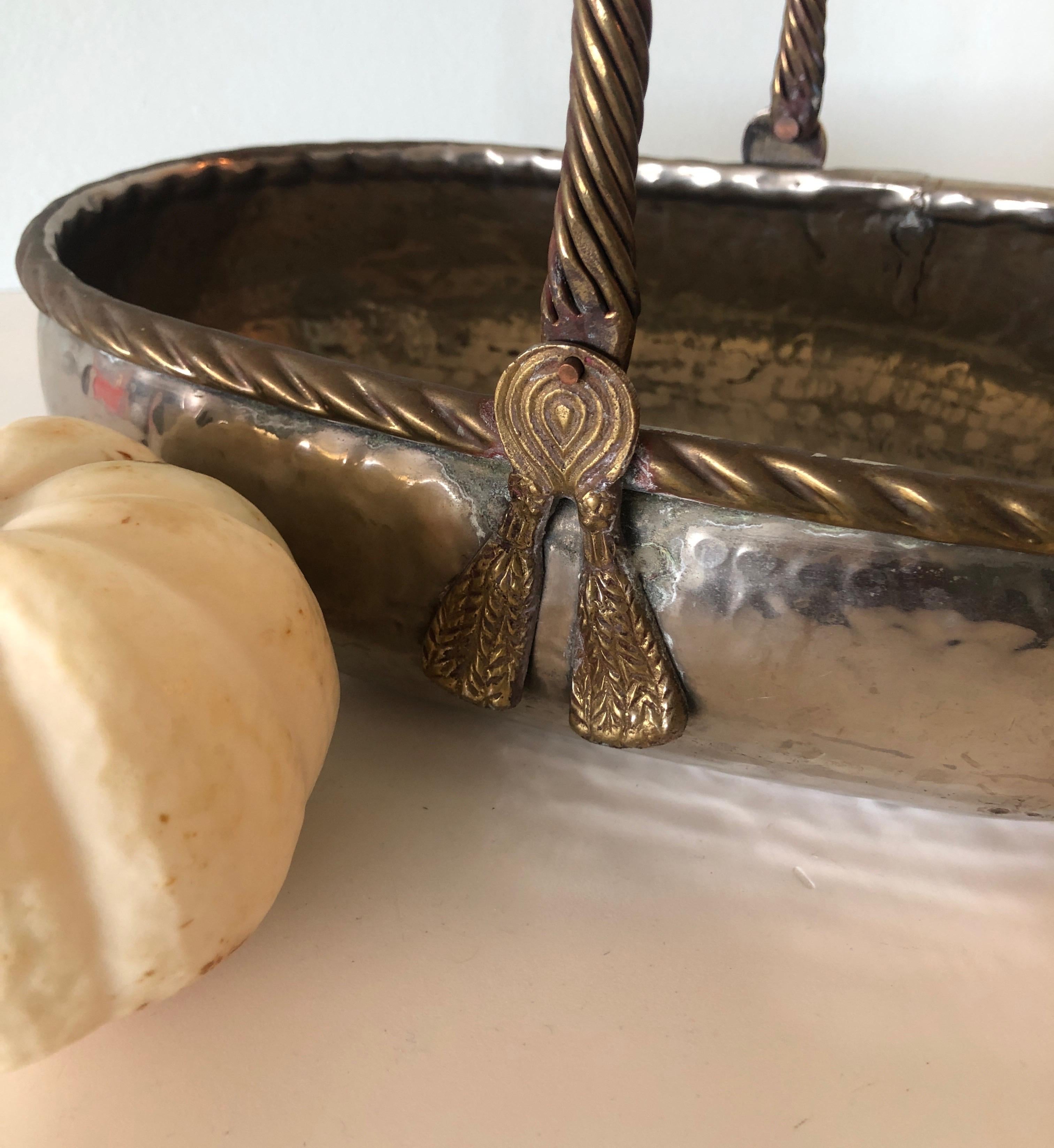 Contemporary Small Hand-Hammered Silver and Brass Indian Metal Decorative Basket