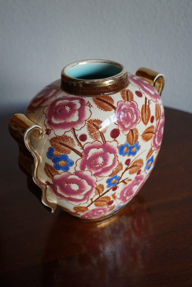 Belgian Small Hand Painted Floral Design Art Deco Vase, R. Chevalier for Boch circa 1920 For Sale