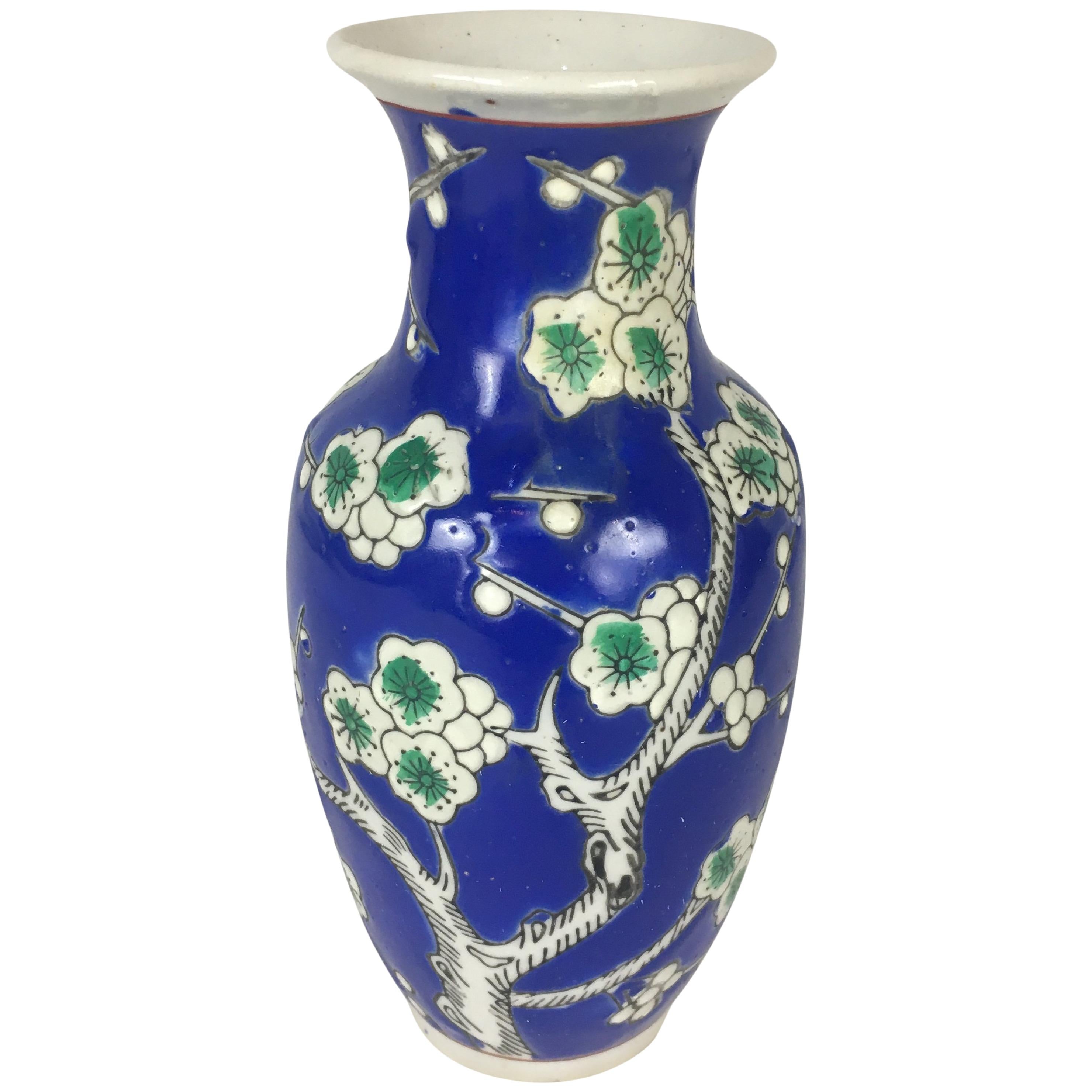 Small Hand Painted French Chinoiserie Vase with Blue, White and Green Flowers