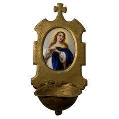 Small Hand Painted Porcelain Virgin Mary Holy Water Font Wall Plaque