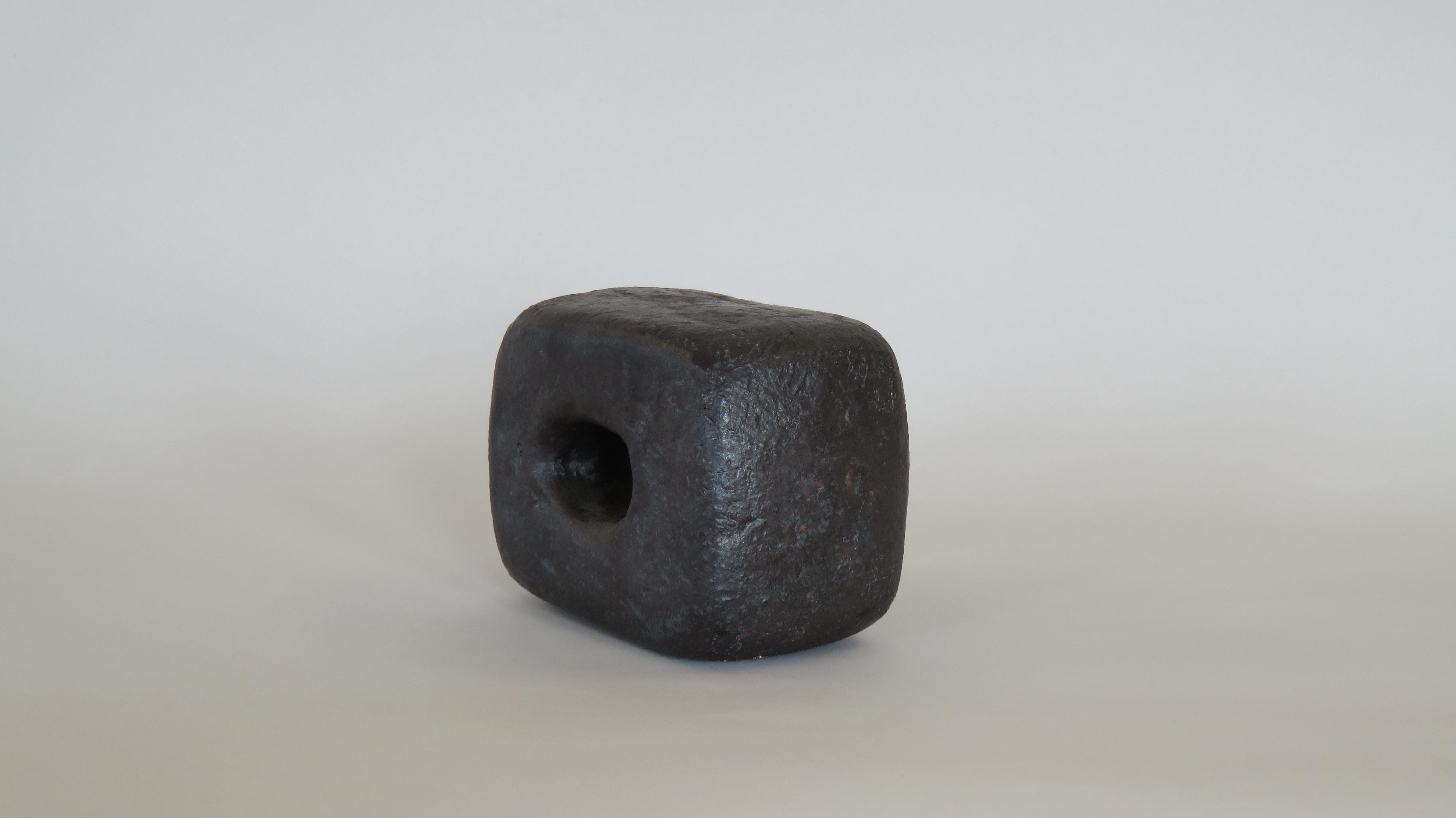 American Hand Built Ceramic Sculpture, Oblong Cube with Oval Opening in Metallic Black