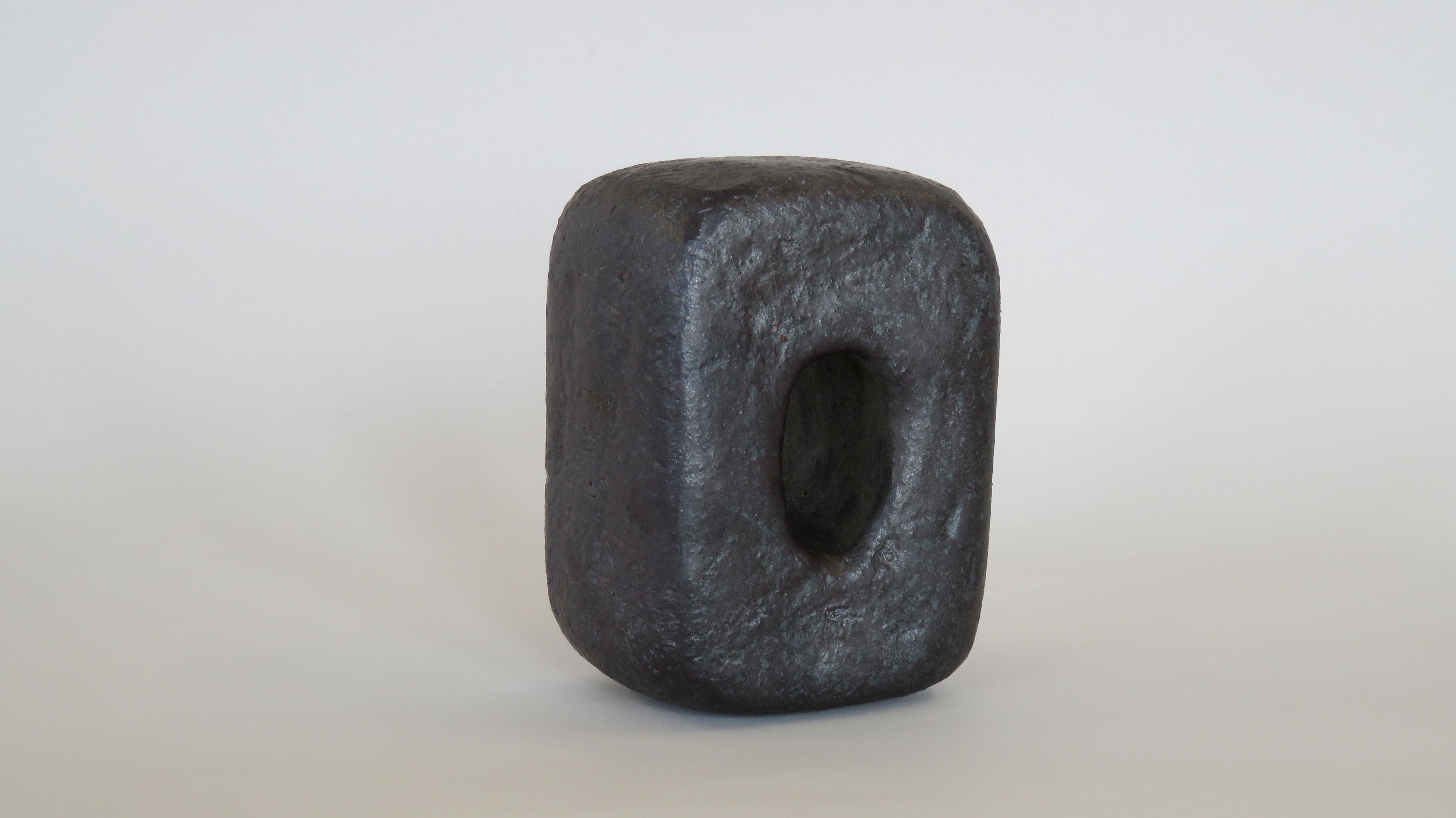 Hand Built Ceramic Sculpture, Oblong Cube with Oval Opening in Metallic Black In New Condition In New York, NY