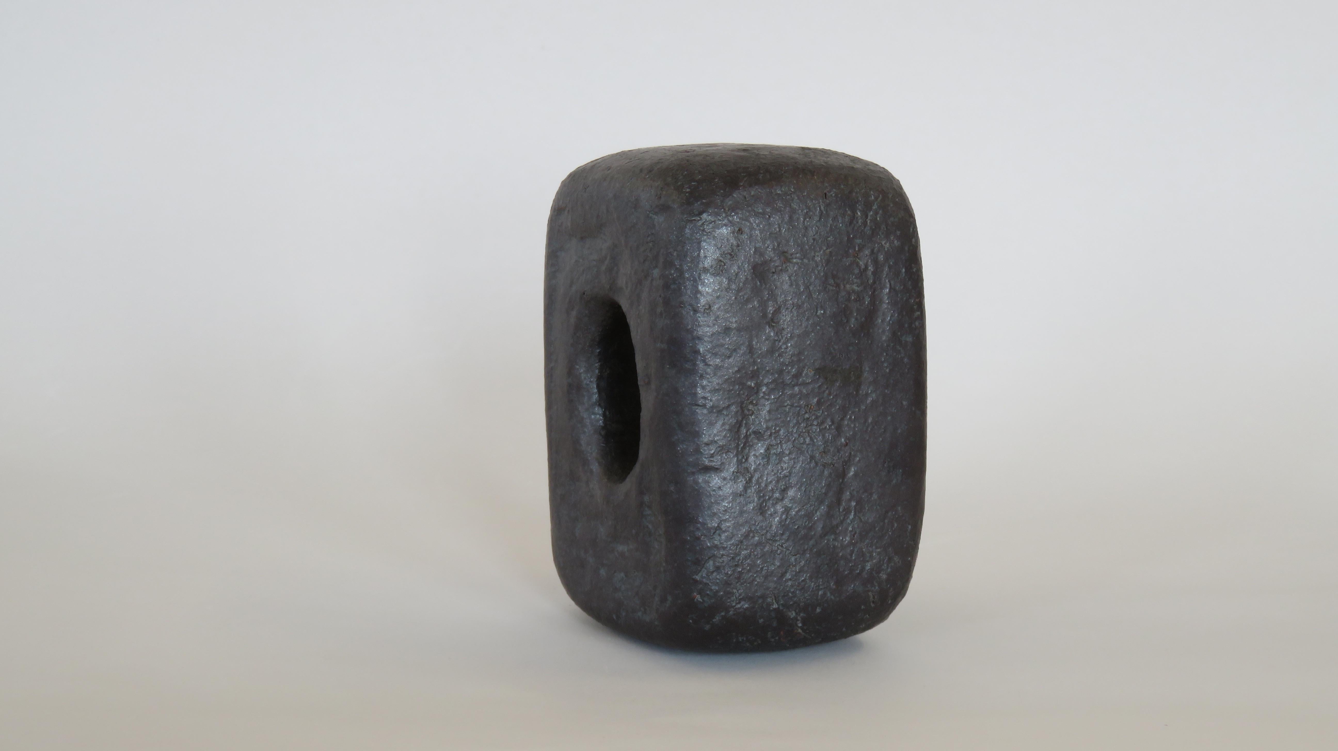 Contemporary Hand Built Ceramic Sculpture, Oblong Cube with Oval Opening in Metallic Black