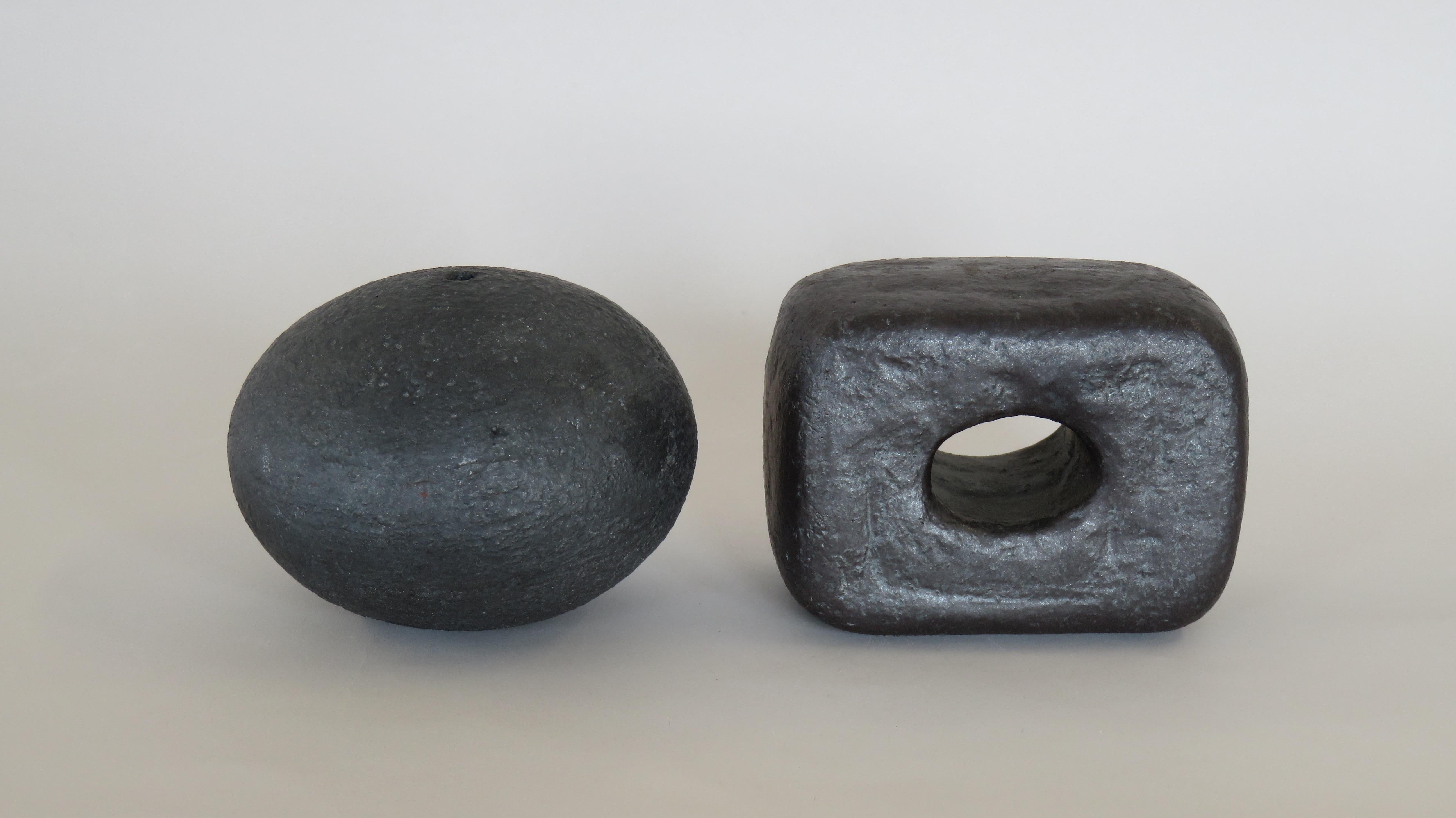 Hand Built Ceramic Sculpture, Oblong Cube with Oval Opening in Metallic Black 3