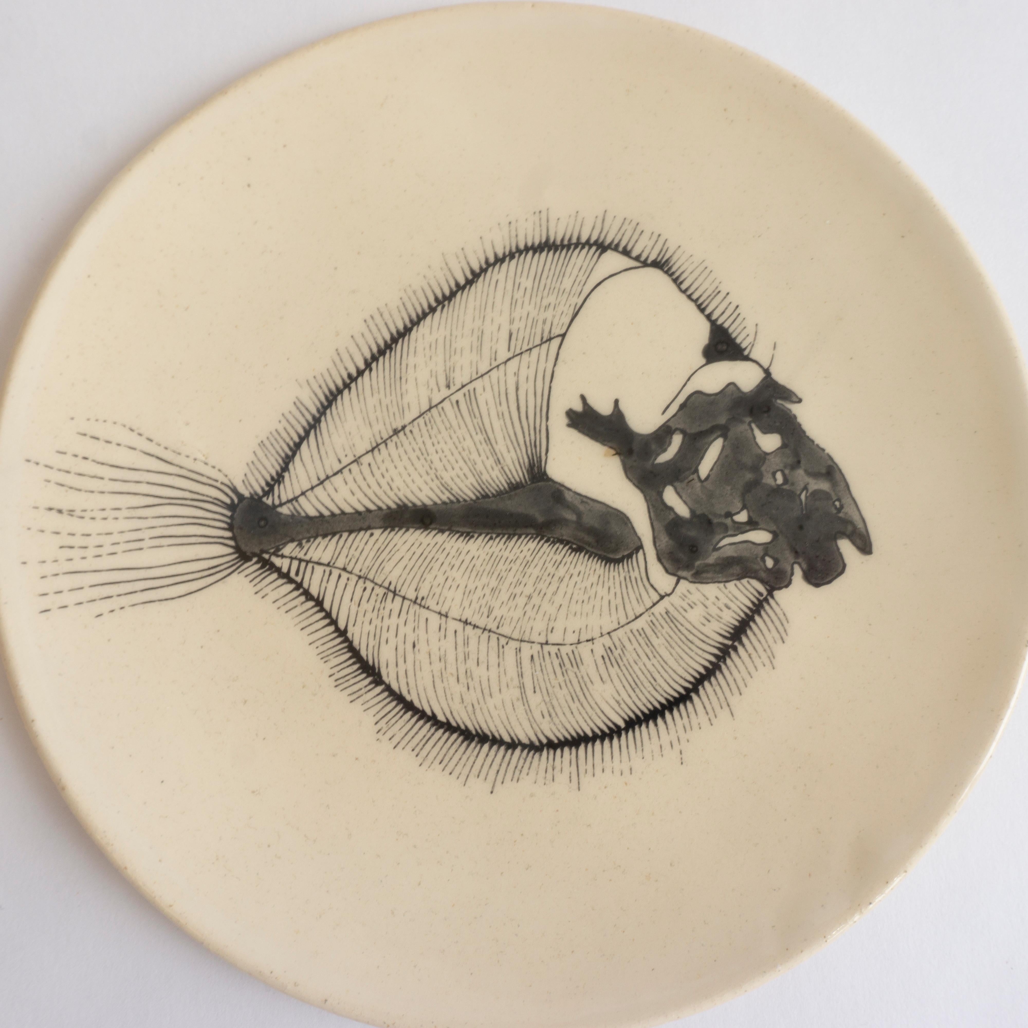 French Small Handmade Ceramic Plates with Fish Fossil Illustration For Sale