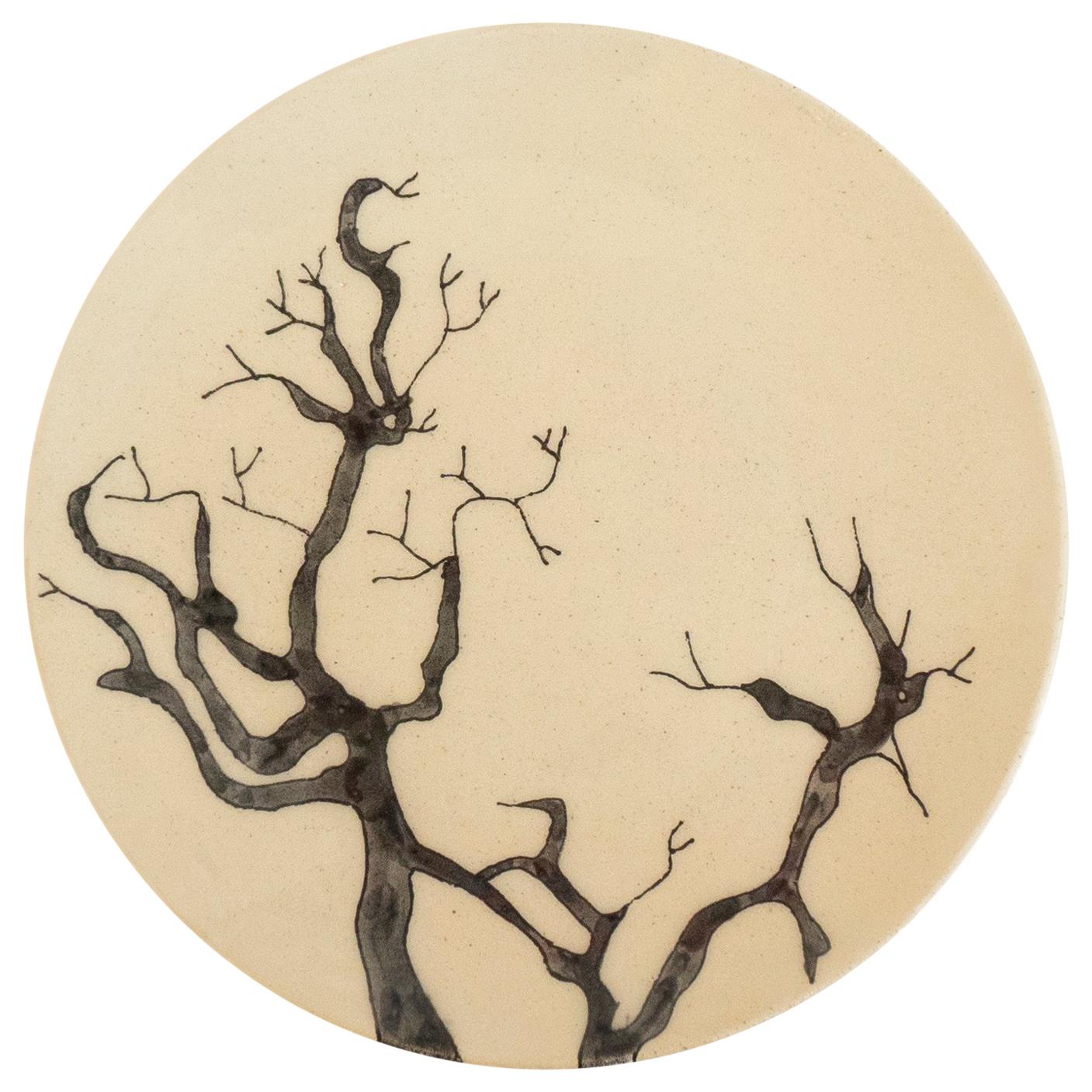 Small Handmade Ceramic Plates with Tree Illustration For Sale