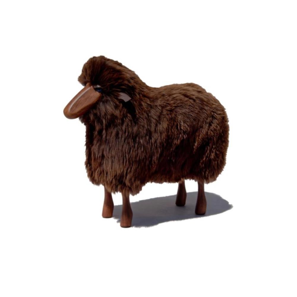 Modern Small handmade sheep in brown fur and wood by Hans Peter Krafft, Meier Germany. For Sale
