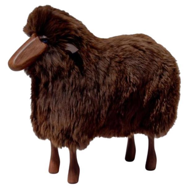 Small handmade sheep in brown fur and wood by Hans Peter Krafft, Meier Germany. For Sale