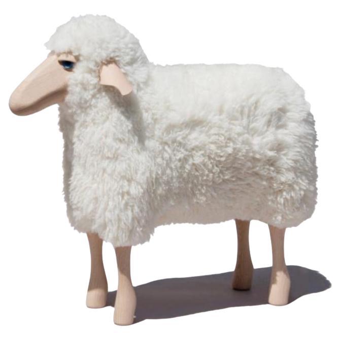 Small handmade sheep in curly white fur by Hans-Peter Krafft, Meier Germany.  For Sale