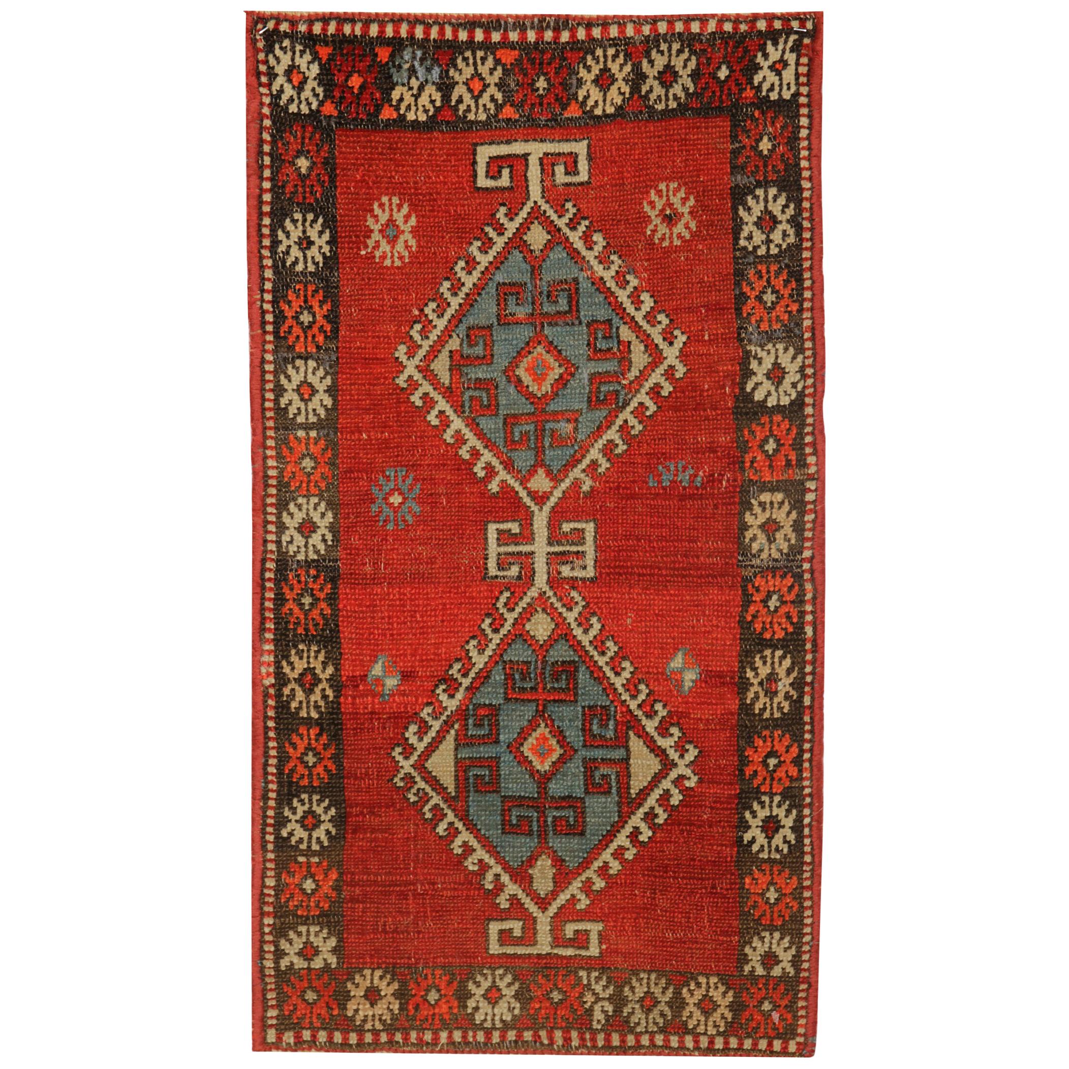 Small Handwoven Antique Rug Caucasian Long Red Wool Carpet