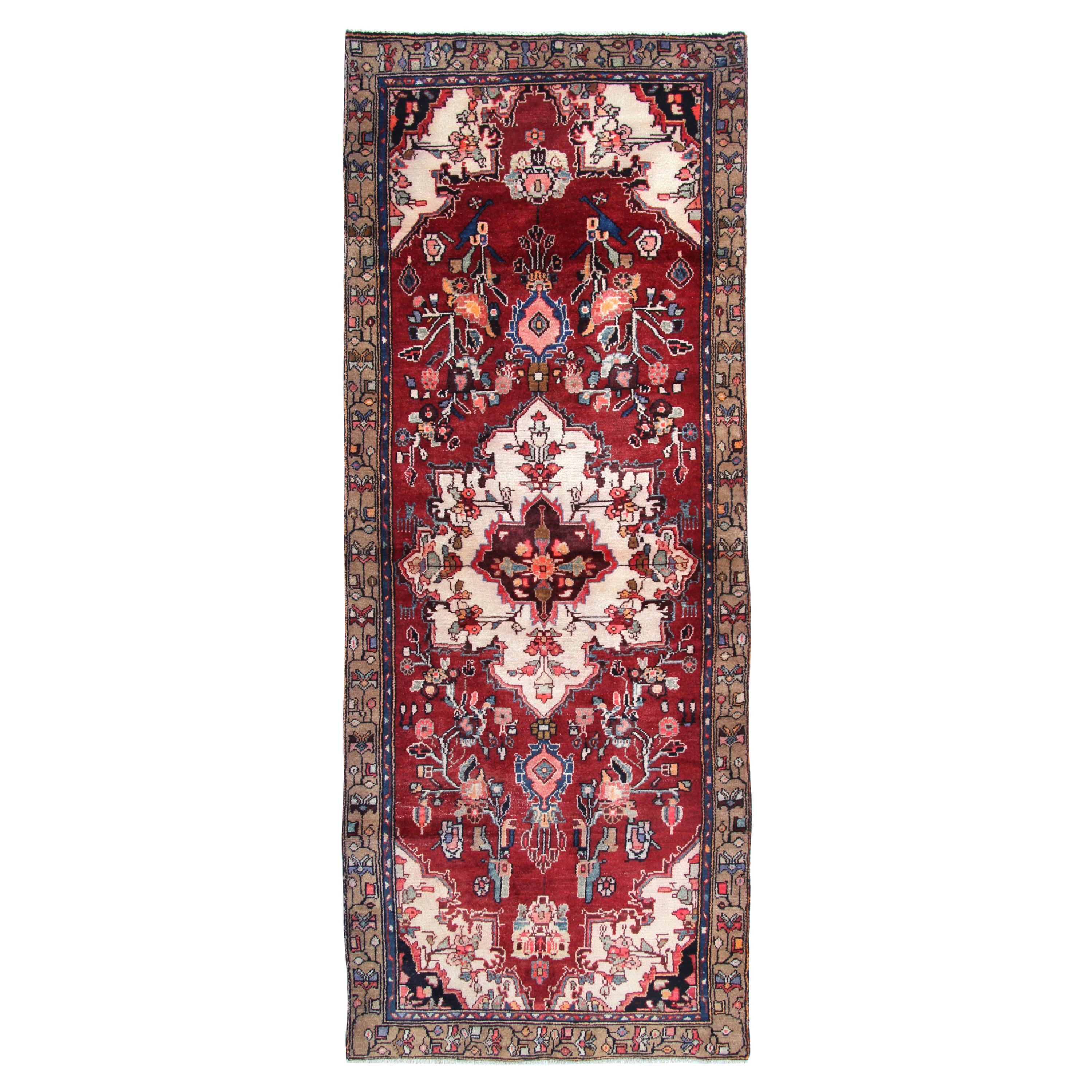 Handmade Carpet Red Runner Rug Decorative Traditional Red Vintage Rug 105x265cm For Sale