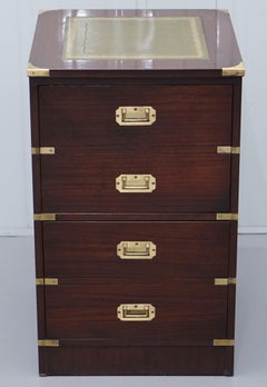 Small Harrods London Military Campaign Mahogany & Green Leather Filing Cabinet