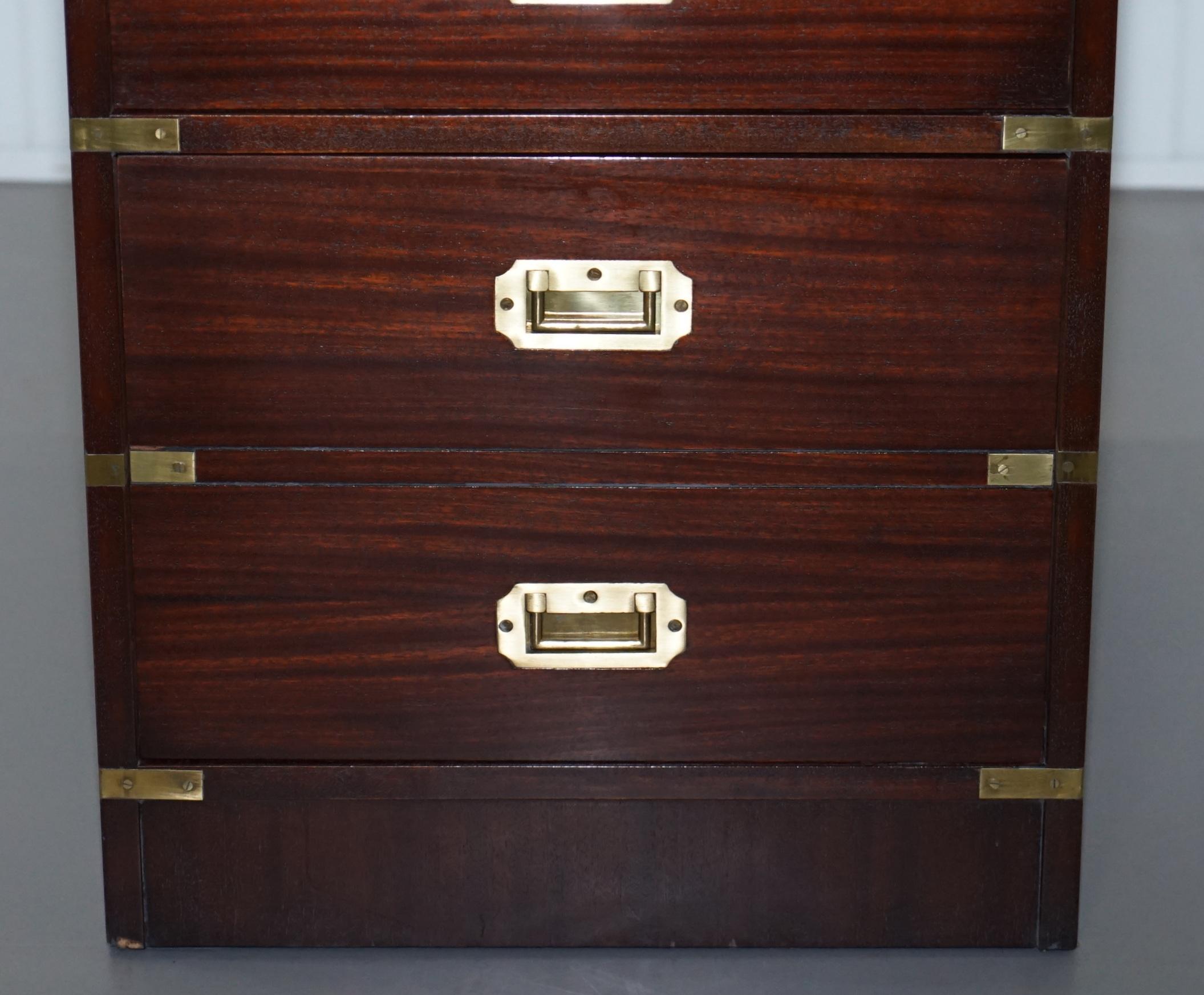 Hand-Crafted Small Harrods London Military Campaign Mahogany & Green Leather Filing Cabinet