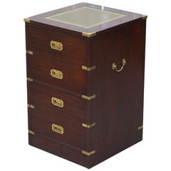 Small Harrods London Military Campaign Mahogany & Green Leather Filing Cabinet