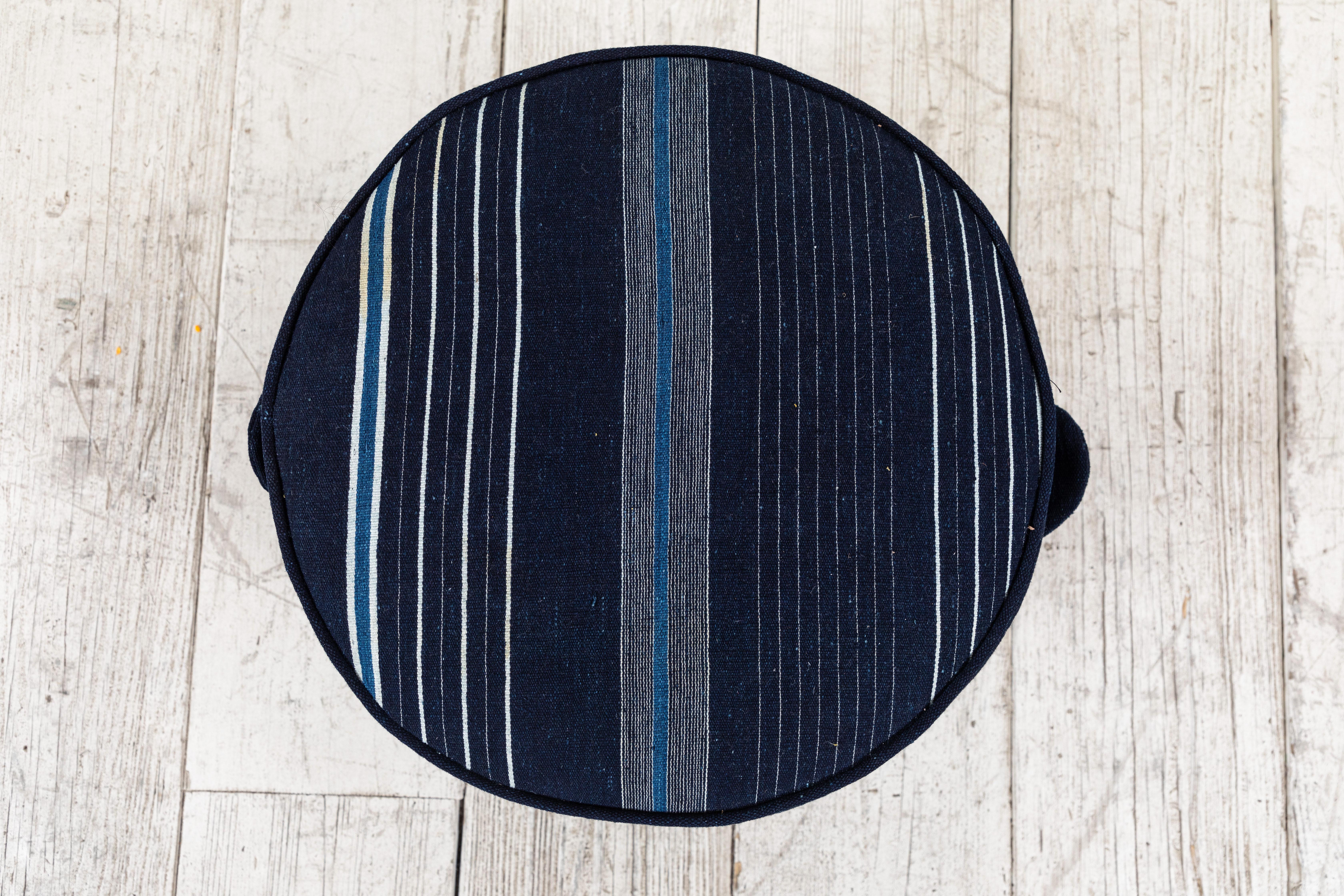 Contemporary Small Hassock Upholstered in Indigo African Fabric