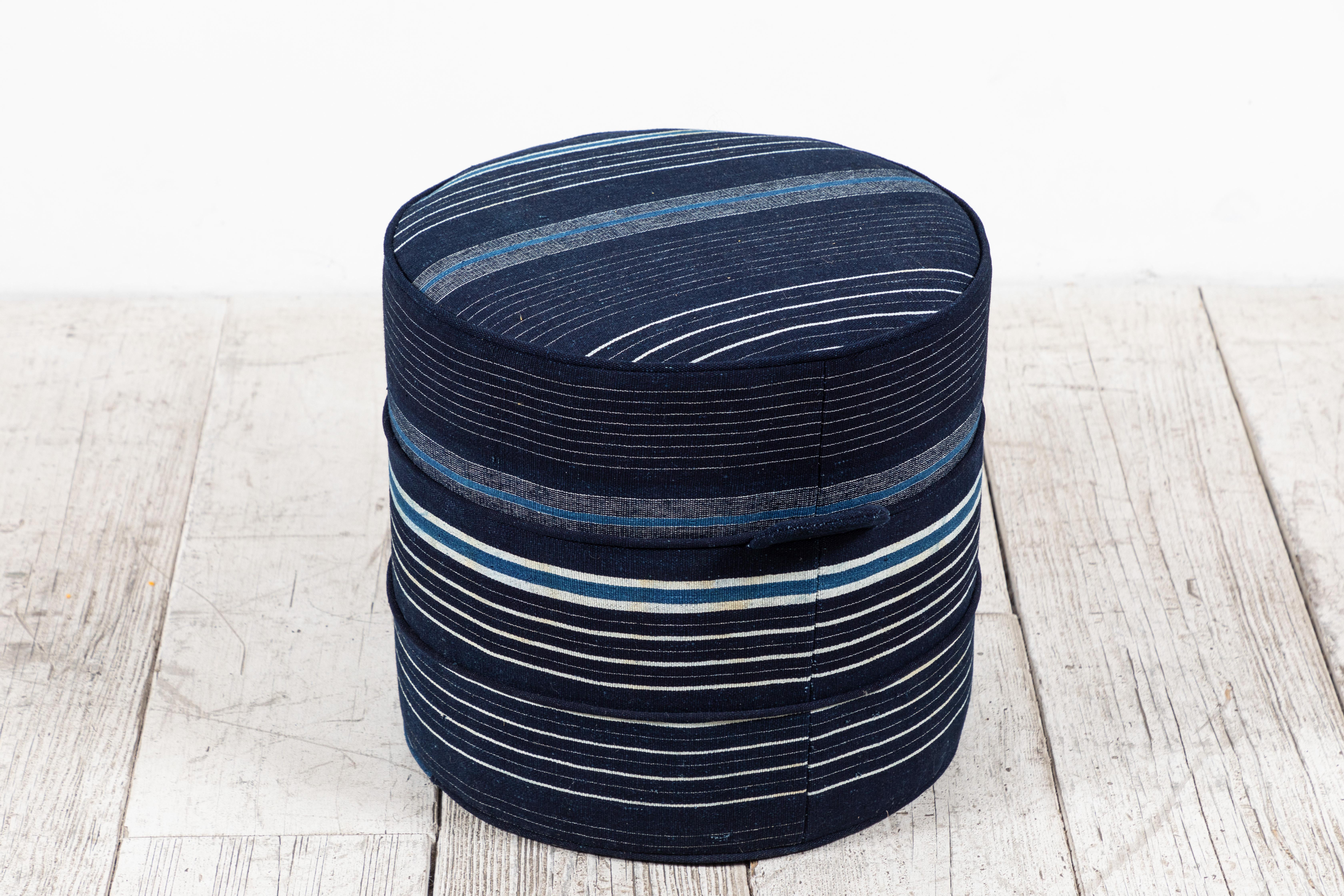 Small Hassock Upholstered in Indigo African Fabric 1