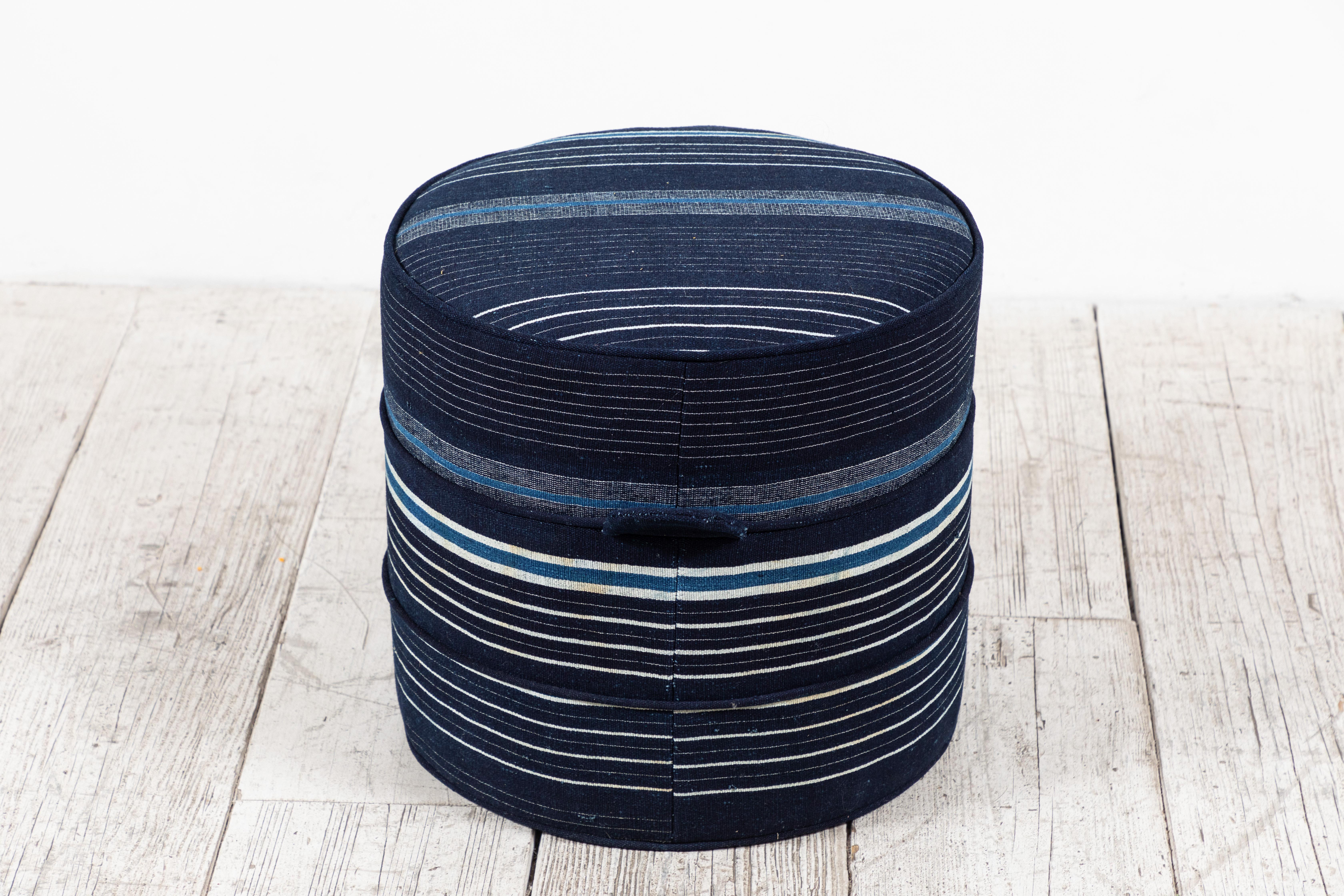 Small Hassock Upholstered in Indigo African Fabric 2