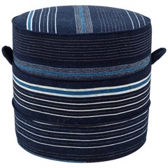 Small Hassock Upholstered in Indigo African Fabric