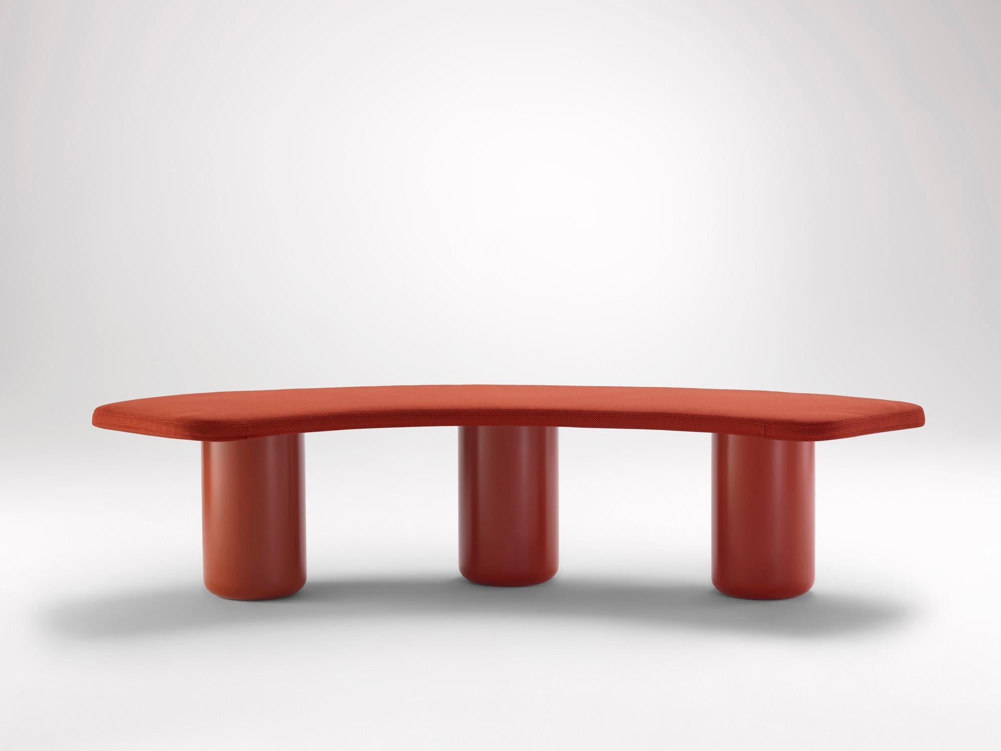 Small Headland Red Curved Bench by Coco Flip
Dimensions: D 65 x W 165 x H 42 cm
Materials: Mild steel, powder-coated with zinc undercoat. 
Weight: 42 kg

Coco Flip is a Melbourne based furniture and lighting design studio, run by us, Kate Stokes and