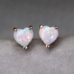 Small Heart Shaped Australian Solid Opal Stud Earrings 14K Yellow Gold